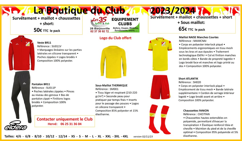 Boutique du Club, packs équipements 2023/2024