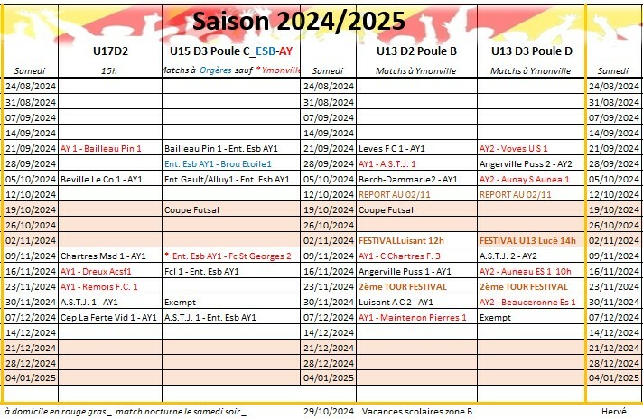 Calendrier 1 ère phase U13 U15 U17 au 01/11/2024