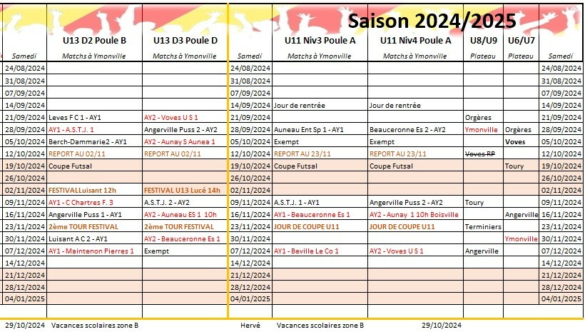 Calendrier 1ère phase U7 U9 U11 au 01/11/2024