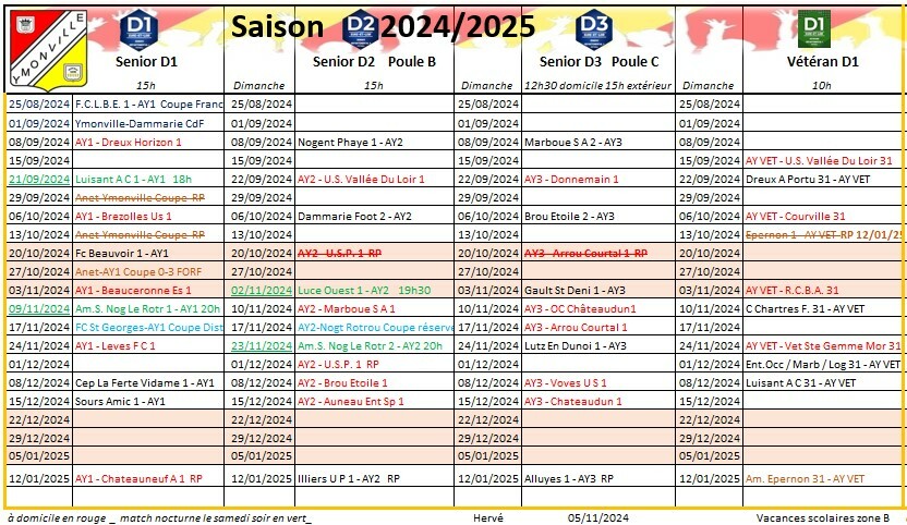 Calendrier Senior Vétéran au 05/11/2024