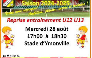 Reprise entrainement U12 U13 Mercredi 28 août 17h00 au stade